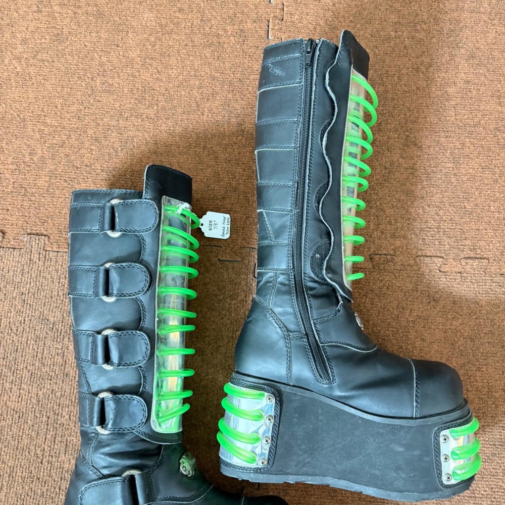 Demonia Pleaser Techno-850UV Boots Black Neon Green Cyber Goth Platform Womens 7 - Picture 14 of 16